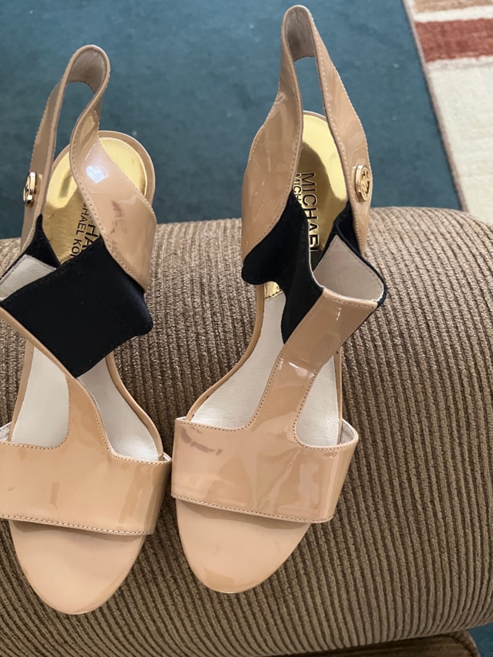 Michael Kors Beige Patent Slingback Sandals with Black Elastic